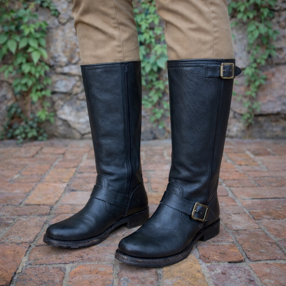 FRYE Black Leather Veronica Flex Harness Boots, 6.5B